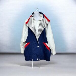 Vtg Women Nautical Colorblock Jacket Sz L Canvas Red White Blue‎ America 250